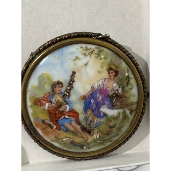 Limoges Jewelry - Antique Limoges Brooch Pin Porcelain Hand Painted Signed France pastoral scene